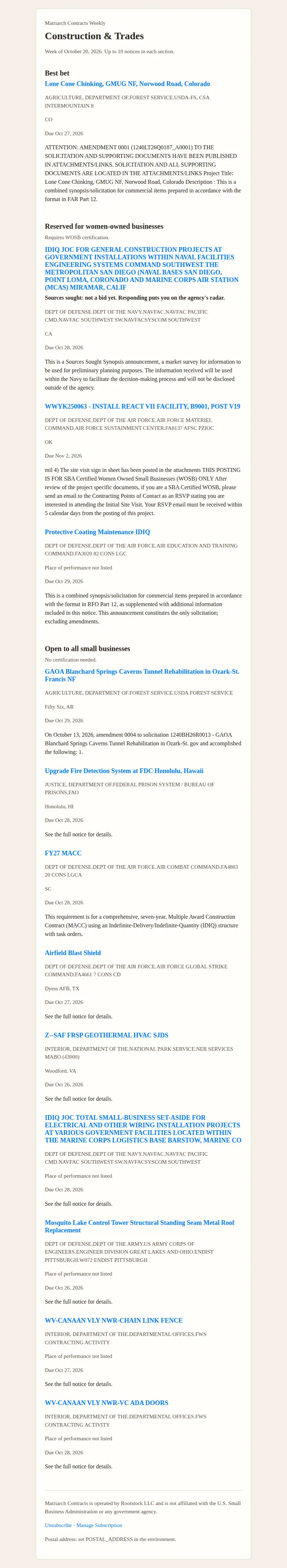 Construction & Trades edition for the week of October 20, 2026. Opens the full edition image.